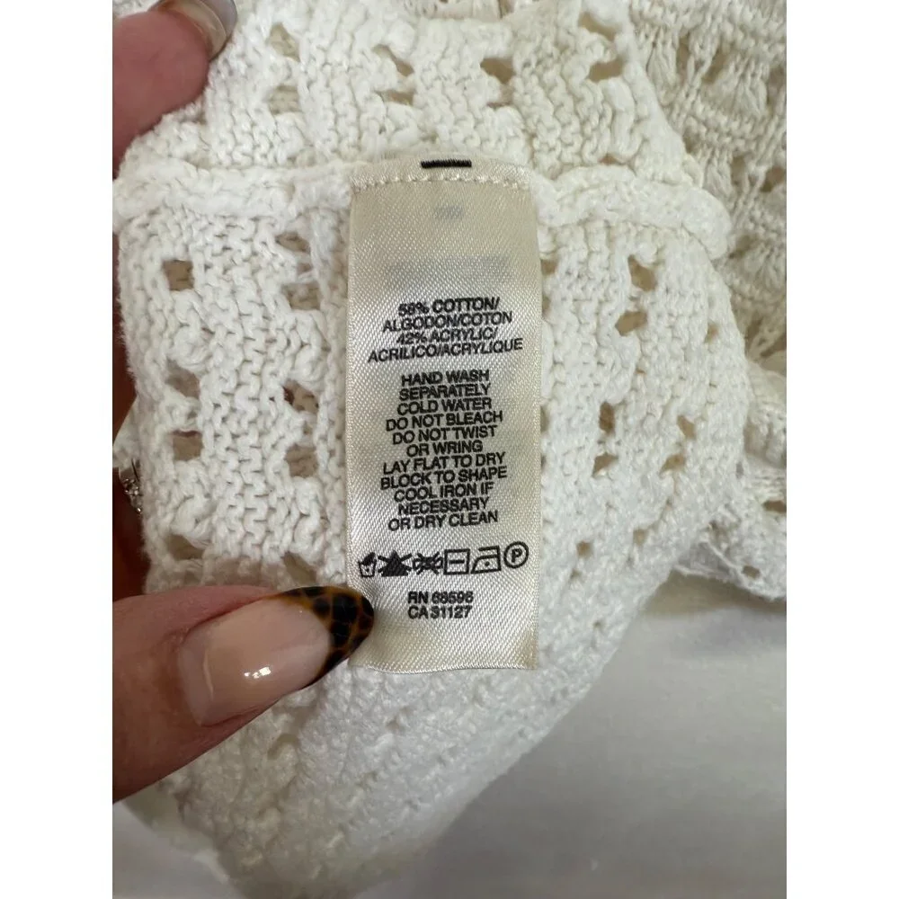 DKNY Women’s Large Cardigan Sweater White Ivory Knit Crochet 3/4 Sleeve cotton